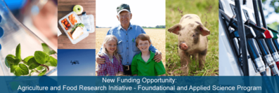 Image collage of lab flask, farmer with children, small hog, and fuel pumps; photo courtesy of Getty Images.