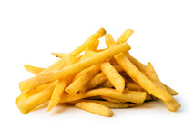 A bunch of fried French fries on a white background, courtesy of GettyImages-1130991737