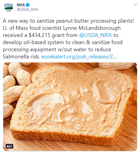 Tweet: A new way to sanitize peanut butter processing plants! U. of Mass food scientist Lynne McLandsborough received a grant from NIFA. 