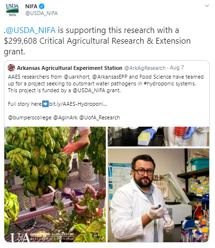 NIFA University of Arkansas Critical Agricultural Research & Extension grant tweet 