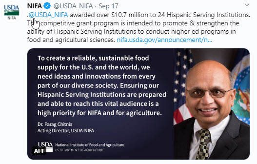 NIFA awarded over $10.7 million to 24 Hispanic Serving Institutions - tweet image