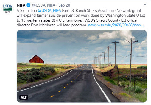 A $7 million @USDA_NIFA Farm & Ranch Stress Assistance Network grant will expand farmer suicide prevention work done by Washington State University.