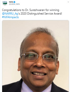 NIFA Tweets- Congratulations to Dr. Sureshwaran for winning NARRU_Ag's 2020 Distinguished Service Award!