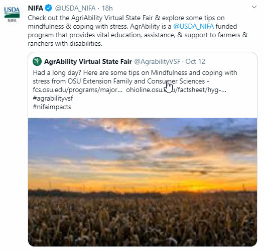 NIFA tweets AgrAbility supports to farmers & ranchers with disabilities.