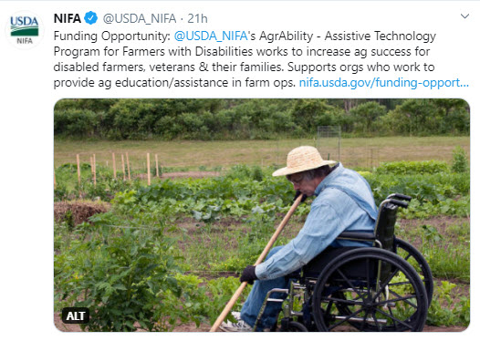 NIFA tweets funding opportunity through the AgrAbility program. 