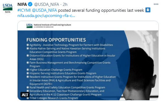 NIFA tweets - funding opportunity calendar available