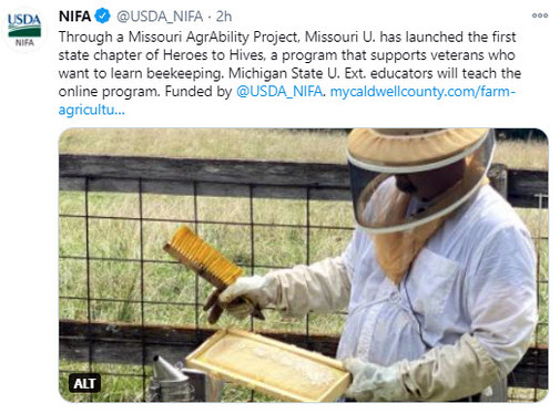 NIFA tweets - Through a Missouri AgrAbility Project, University of Missouri has launched Heroes to Hives program.