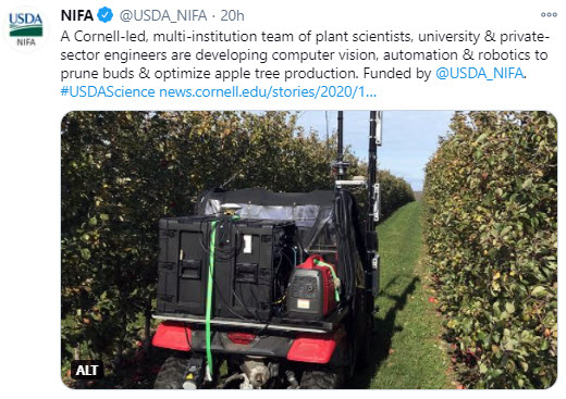 NIFA tweet - NIFA tweets - A Cornell-led, researchers developing computer vision, automation, robotics to prune and optimize apple tree production.