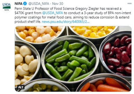 NIFA tweets - Penn State Professor Gregory Ziegler to conduct a 3-year study of BPA non-intent polymer coatings for metal food cans.