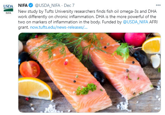 NIFA tweet - New study by Tufts University researchers finds fish oil omega-3s work differently on chronic inflammation.
