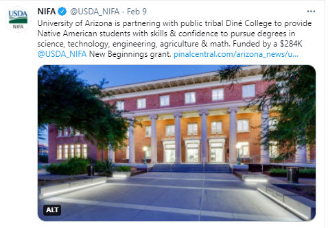 NIFA tweets - The University of Arizona is partnering with Diné College to provide Native American students with STEAM opportunities.