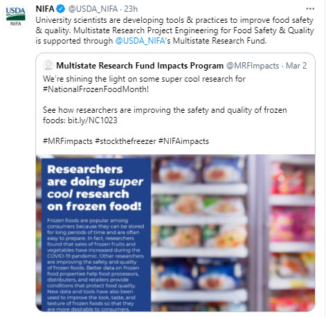 NIFA tweets -Multi-State research impacts on food safety.