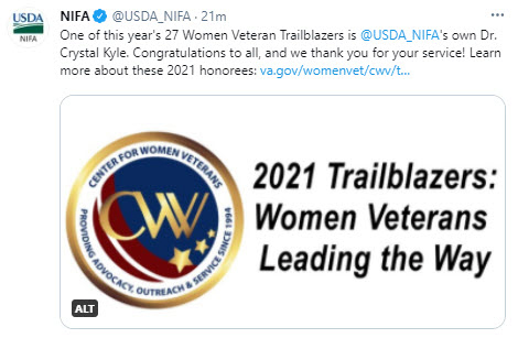 One of this year's 27 Women Veteran Trailblazers is NIFA's own Dr. Crystal Kyle. Congratulations to all!