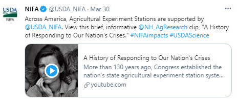 NIFA supports America's, Agricultural Experiment Stations are supported by NIFA. View this brief, informative NH AgResearch clip.