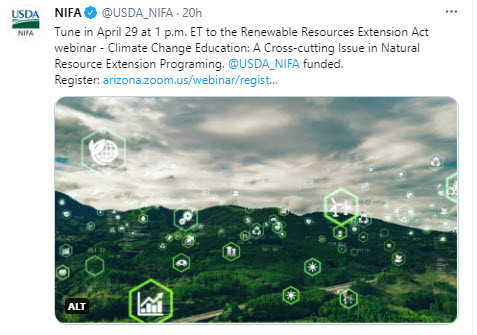 NIFA Tweet-Renewable Resources Extension Act webinar - Climate Change Education: A Cross-cutting Issue in Natural Resource Extension Programing. 