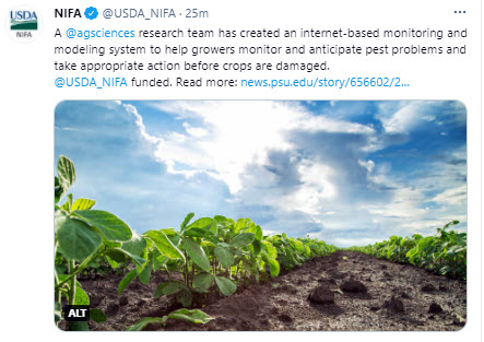 NIFA tweet-A research team created an internet-based monitoring and modeling system to help growers monitor and anticipate pest problems. 