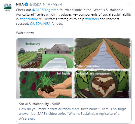 NIFA tweet - Check out SARE Program's fourth episode in the “What is Sustainable Agriculture?” series.