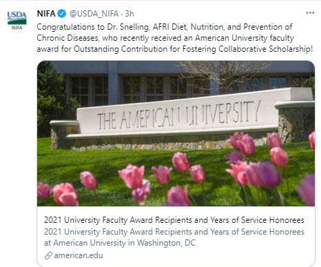NIFA tweet - Congratulations to Dr. Snelling, for Outstanding Contribution for Fostering Collaborative Scholarship!