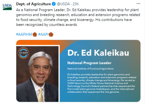 NIFA's National Program Leader, Dr. Ed Kaleikau provides leadership for plant genomics and breeding research, education, and extension programs.