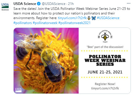 NIFA retweets-Save the dates! Join the USDA Pollinator Week Webinar Series June 21-25.