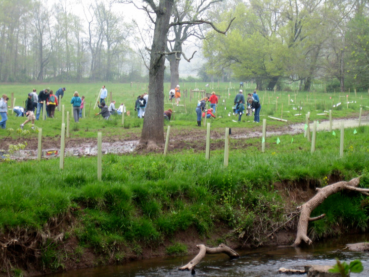 Volunteers planting riparian buffer areas along Conewago Creek. Photo courtesy of Penn State University.