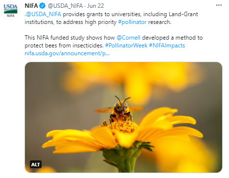 NIFA provides grants to universities, including Land-Grant institutions, to address high priority pollinator research.