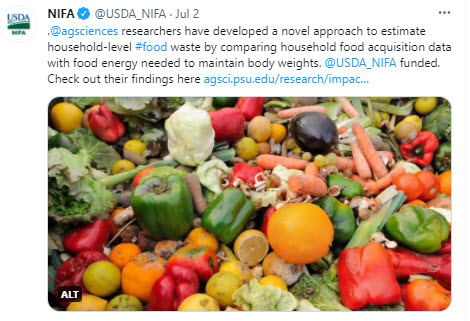 NIFA Tweet - Penn State University is researching food waste.