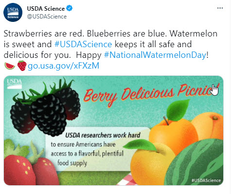 NIFA Tweet - USDA Science keeps it all safe and delicious for you. Happy National Watermelon Day!