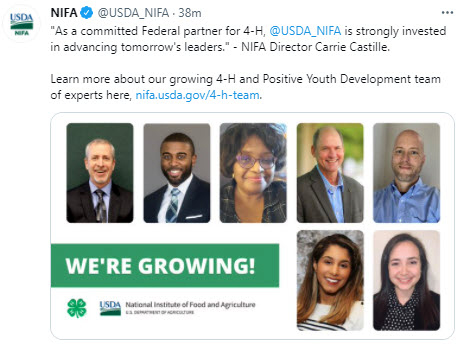 NIFA tweets - Learn about our growing 4-H and Positive Youth Development team of experts