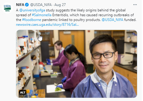 NIFA tweet - University of Georgia study suggests the likely origins behind the global spread of Salmonella Enteritidis,