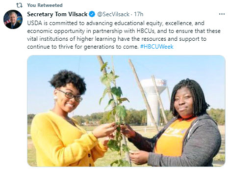 Secretary Tom Vilsack USDA is committed to advancing educational equity, excellence, and economic opportunity in partnership with HBCUs. 