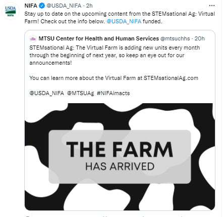 NIFA tweet - Stay up to date on the  STEMsational Ag: Virtual Farm. NIFA funded.