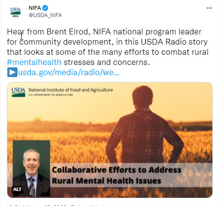 Hear from NIFA’s Brent Elrod in this USDA Radio story that looks at some of the many efforts to combat rural #mentalhealth stresses and concerns.