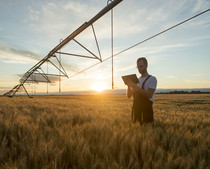 Farmer in rural wheatfield using irrigation system and a tablet, courtesy Getty Images.