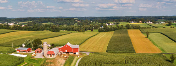 Aerial view of a Pennsylvania countryside arm, courtesy of Adobe Stock.