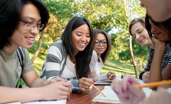 Funding opportunity for NIFA's TCEP-SE - A group of smiling students studying together, courtesy of Adobe Stock.