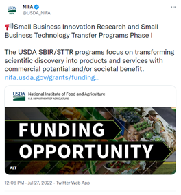 Tweet of the Week Aug 3 2022-USDA SBIR-STTR programs focus