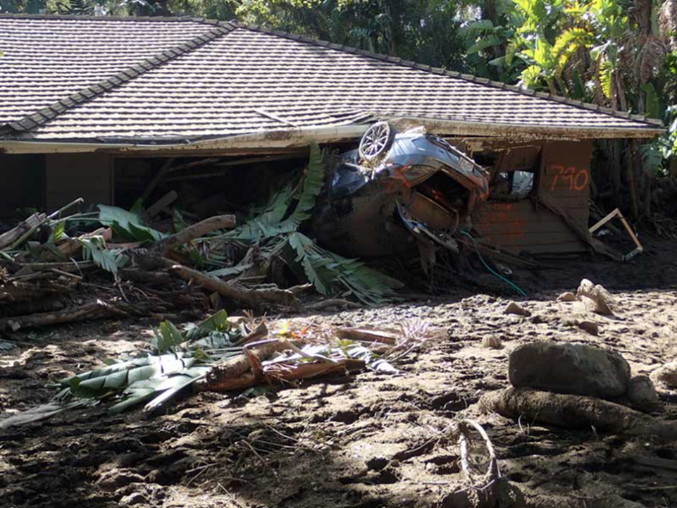 A car is lodged in a Montecito, California, home after a January 2018 debris flow following the massive Thomas Fire. Credit: U.S. Geological Survey.