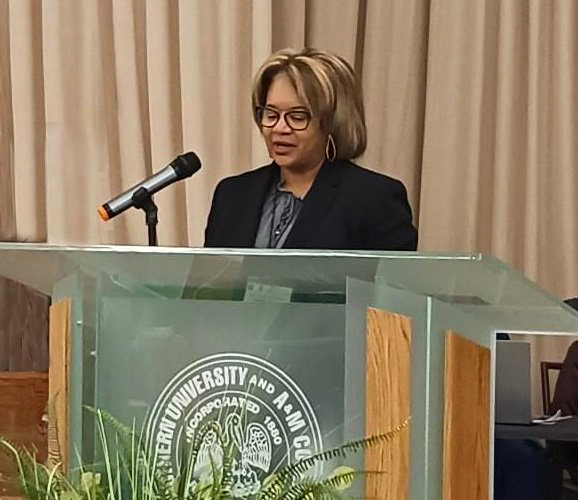 Acting NIFA Director Dr. Dionne Toombs speaking at Southern University. Image courtesy of Southern University.