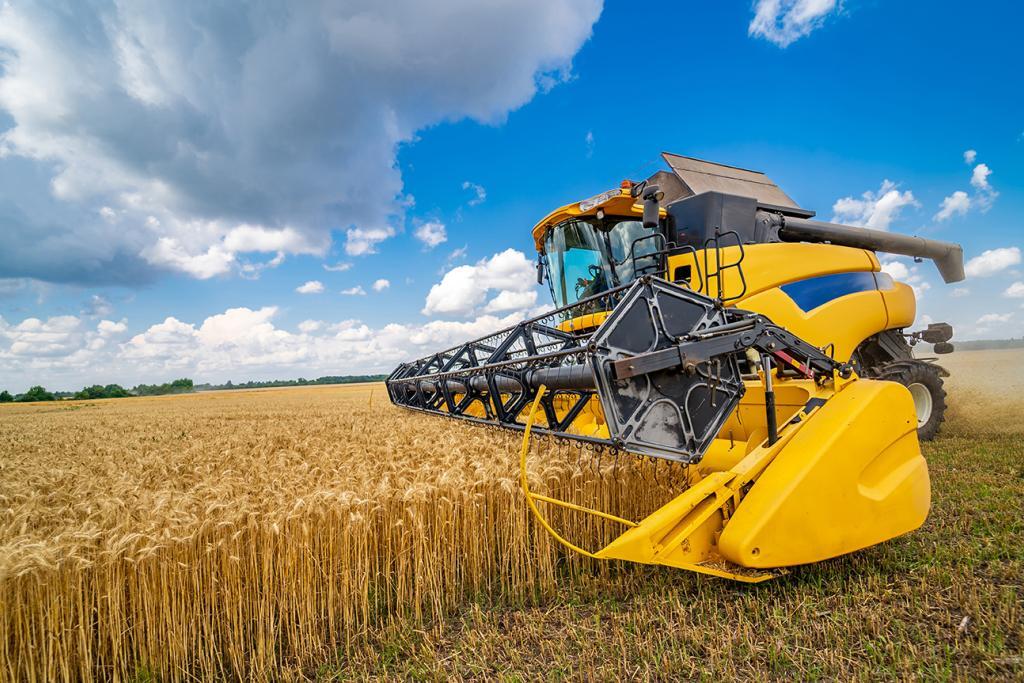 Farmer harvesting grain. Image courtesy of Adobe Stock.