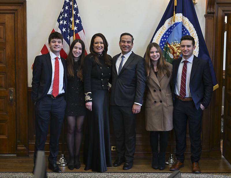 Secretary of Agriculture Brooke Rollins stands for a group photo with her family Feb. 13 a USDA Headquarters.  USDA Photo by Paul Sale.