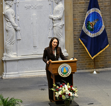 Newly confirmed and sworn in United States Secretary of Agriculture Brooke L. Rollins speaks at USDA Headquarters. USDA photo by Paul Sale.