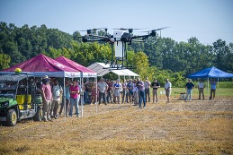 MSU researchers demonstrate unmanned aircraft systems with spray capabilities. Image courtesy of David Ammon, Mississippi State University. 