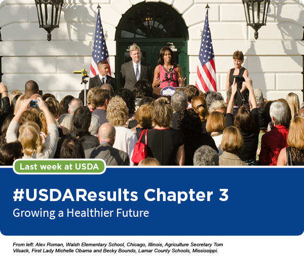 From left: Alex Roman, Walsh Elementary School, Chicago, Illinois, Agriculture Secretary Tom Vilsack, First Lady Michelle Obama and Becky Bounds, Lama