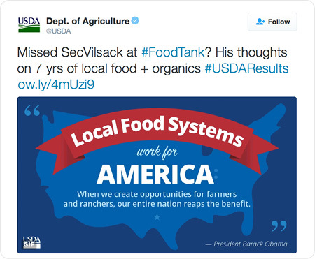 Missed SecVilsack at #FoodTank? His thoughts on 7 yrs of local food + organics #USDAResults http://ow.ly/4mUzi9 