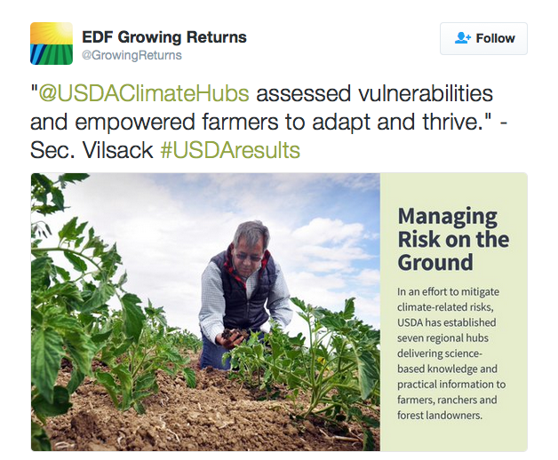 "@USDAClimateHubs assessed vulnerabilities and empowered farmers to adapt and thrive." - Sec. Vilsack #USDAresults