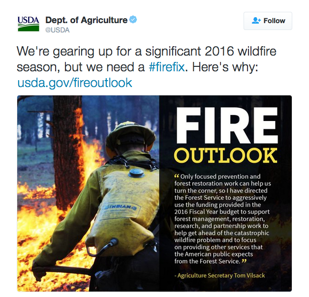 We're gearing up for a significant 2016 wildfire season, but we need a #firefix. Here's why: http://usda.gov/fireoutlook 