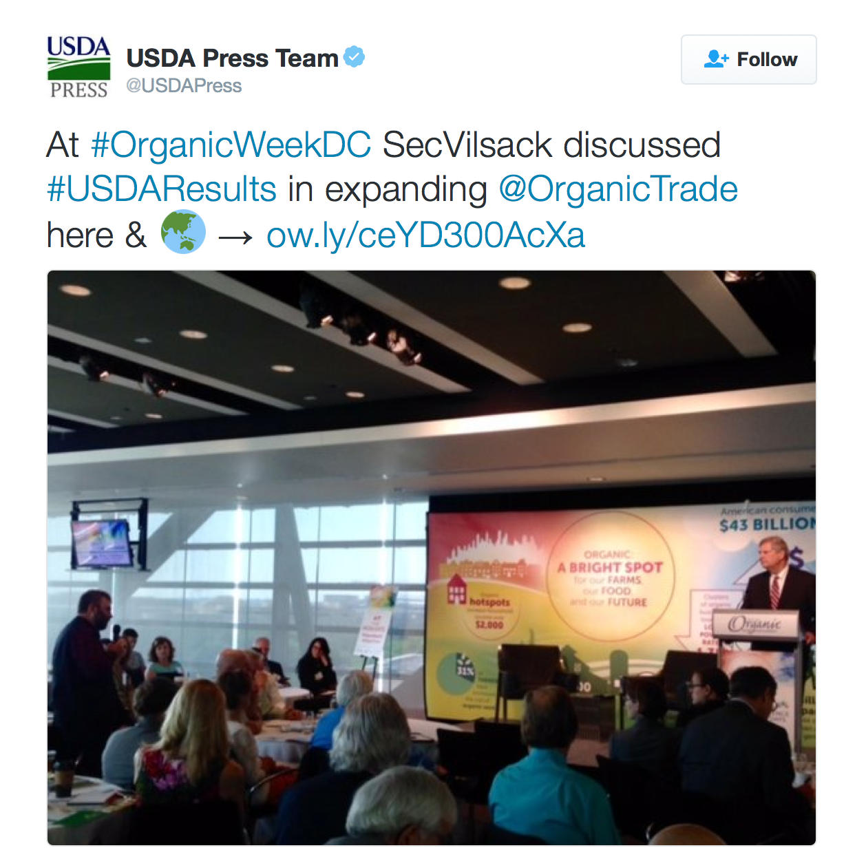 At #OrganicWeekDC SecVilsack discussed #USDAResults in expanding @OrganicTrade here & 🌏 → http://ow.ly/ceYD300AcXa 