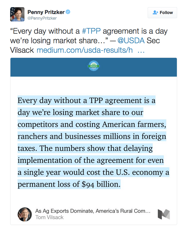 “Every day without a #TPP agreement is a day we’re losing market share…” — @USDA Sec Vilsack https://medium.com/usda-results