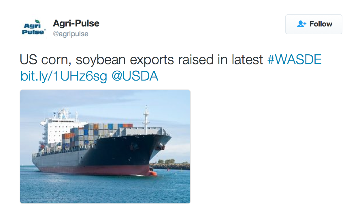 US corn, soybean exports raised in latest #WASDE http://bit.ly/1UHz6sg  @USDA